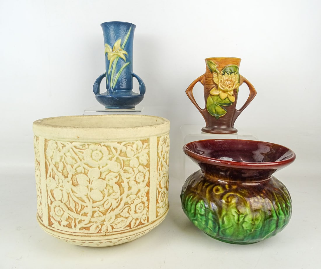Roseville Vases Lot: Lot (2) Roseville vases (6 1/2" and 7 1/2" Ht.), Weller planter (as is, 8" D., 7 1/2" Ht.), pottery vase (6" Ht.).