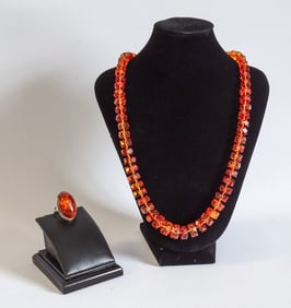 Lot: Amber Necklace & Sterling & Amber  Ring