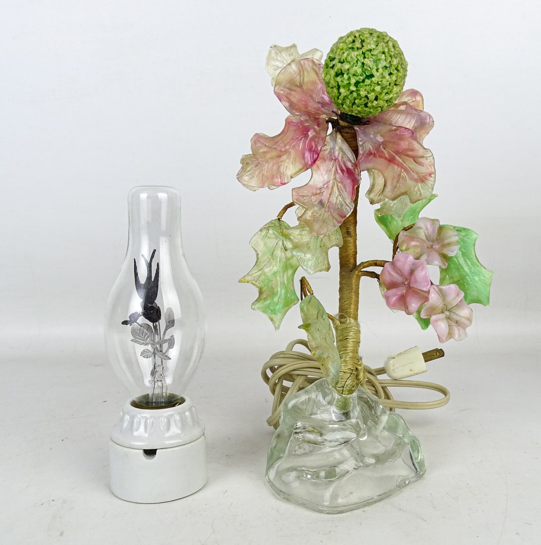 Flower and Bird Light Bulb Lot: Lot including bird and flower light bulb (7" Ht.), glass flower lamp (11" Ht.).