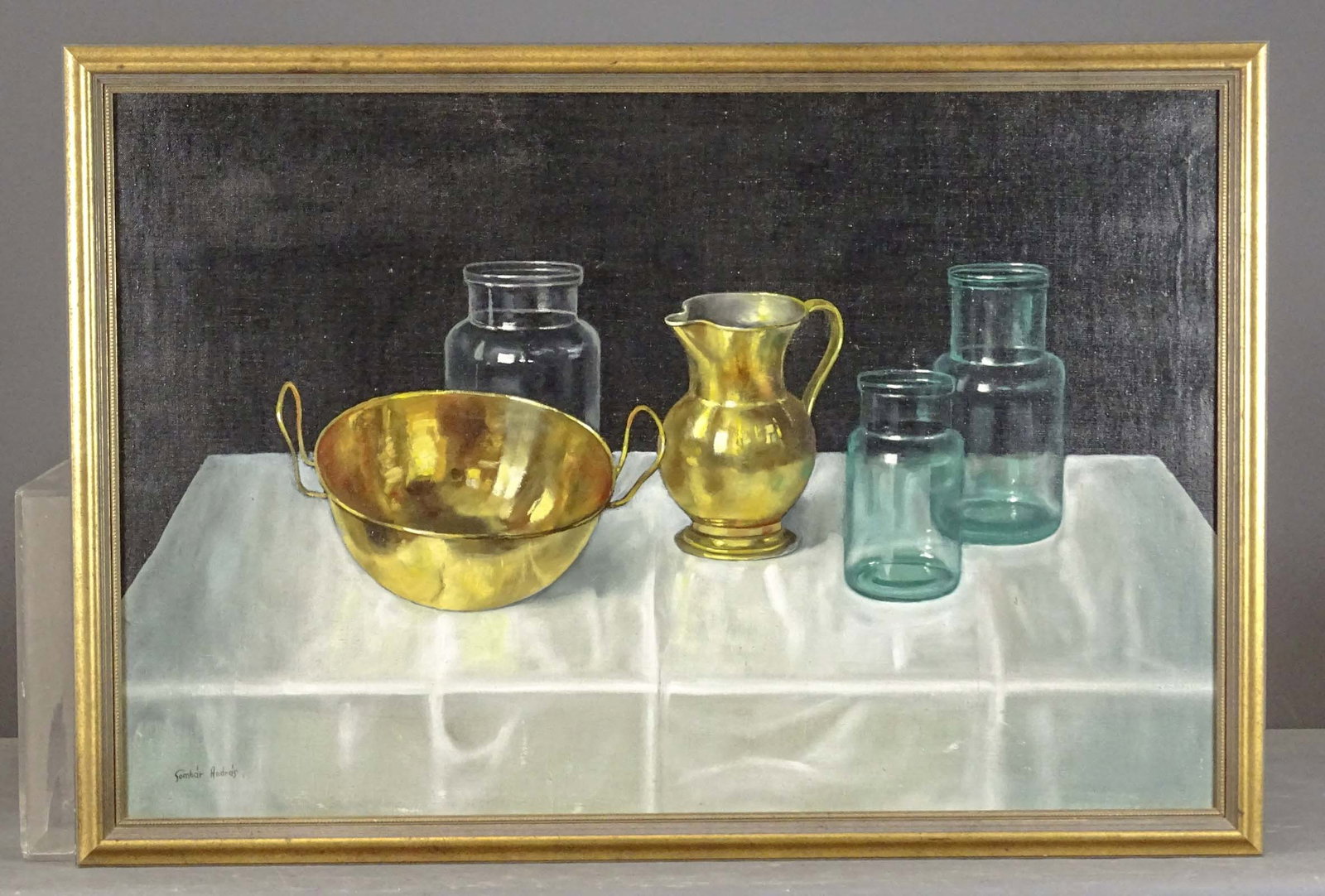 Sombar Andras (20th Century): Painting: Sombar Andrus (20th Century), still life, oil on canvas. Overall in frame 26 1/2" x 38".