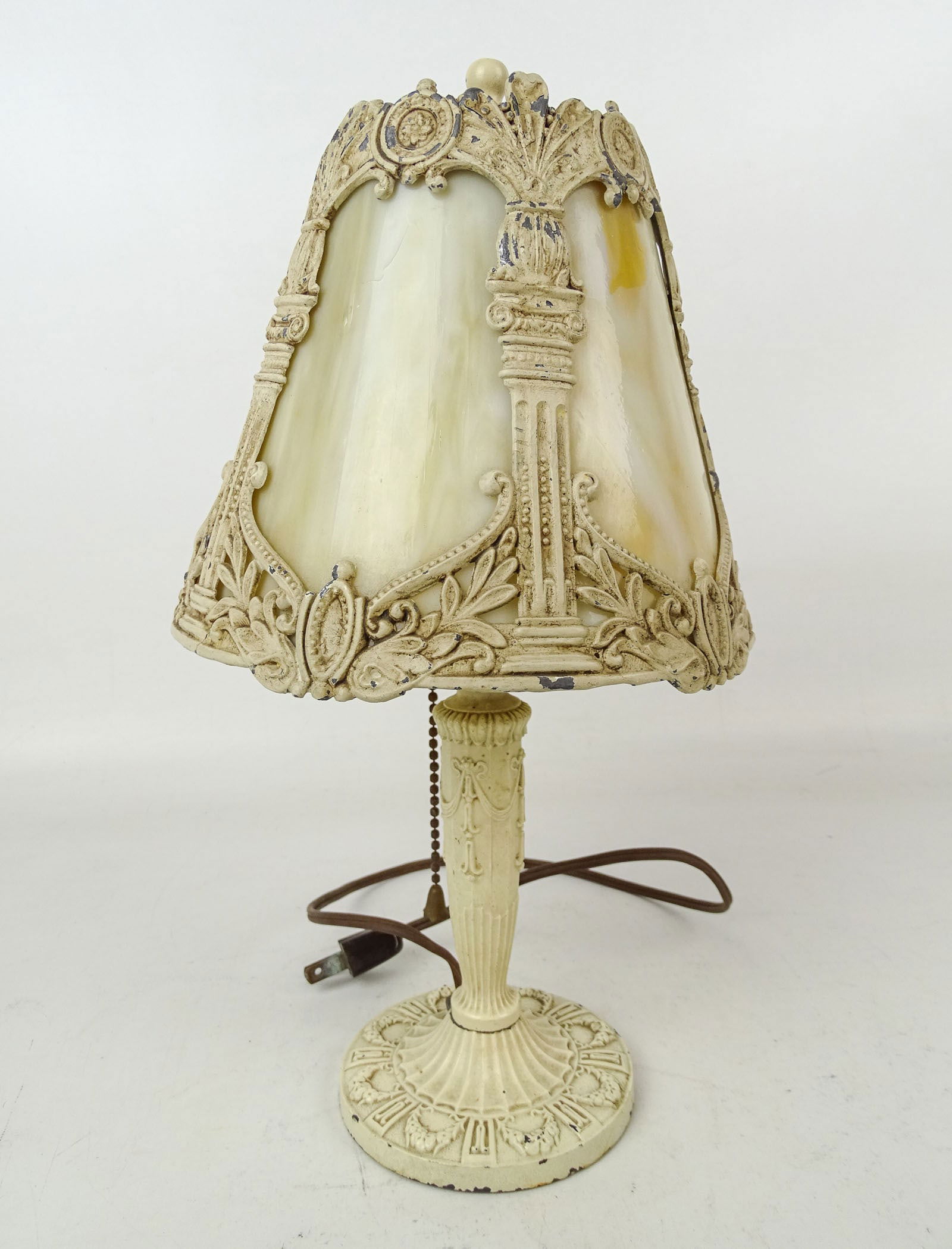 Budoir Lamp: Vintage slag glass and metal Budoir lamp. 12 1/2" Ht..