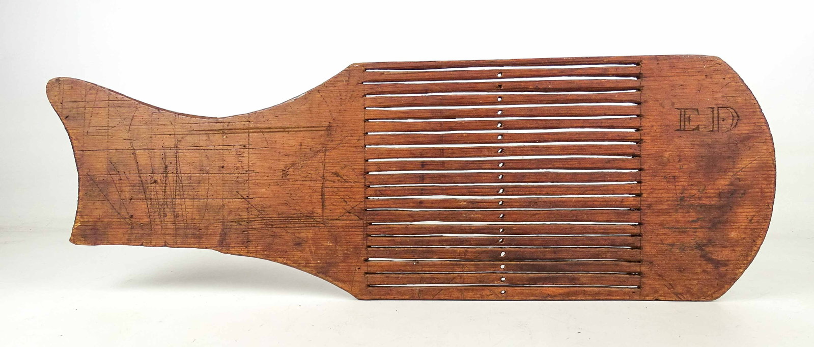 Early Whale Form Tape Loom: Early Whale form tape loom, signed "ED". 26 1/2" x 8 3/4".