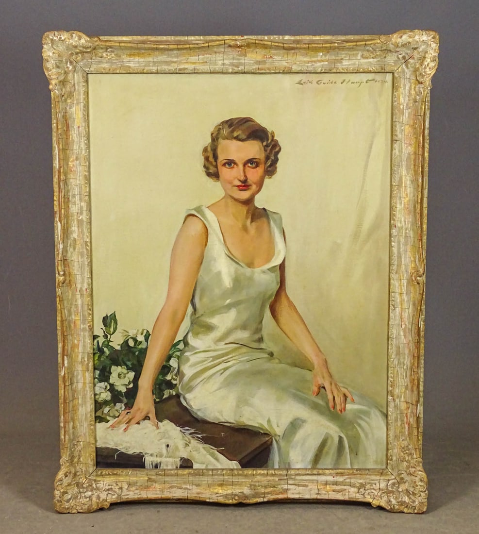 Erik Guide Haupt (1891-1984): Painting: Erik Guide Haupt (1891-1984), portrait of a woman. Oil on canvas. Signed and dated 1934. Overall in frame 48" x 38".