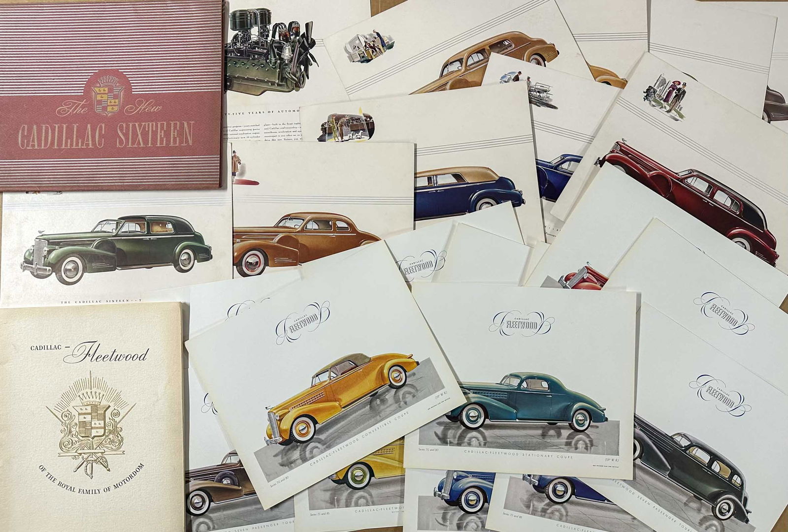 1940's Cadillac and LaSalle Brochures: 1936 Fleetwood portfolio with 15 plates, 1937 Fleetwood portfolio with 13 plates, 1938 V 16 portfolio with 10 plates, twenty four total plus ten envelopes.