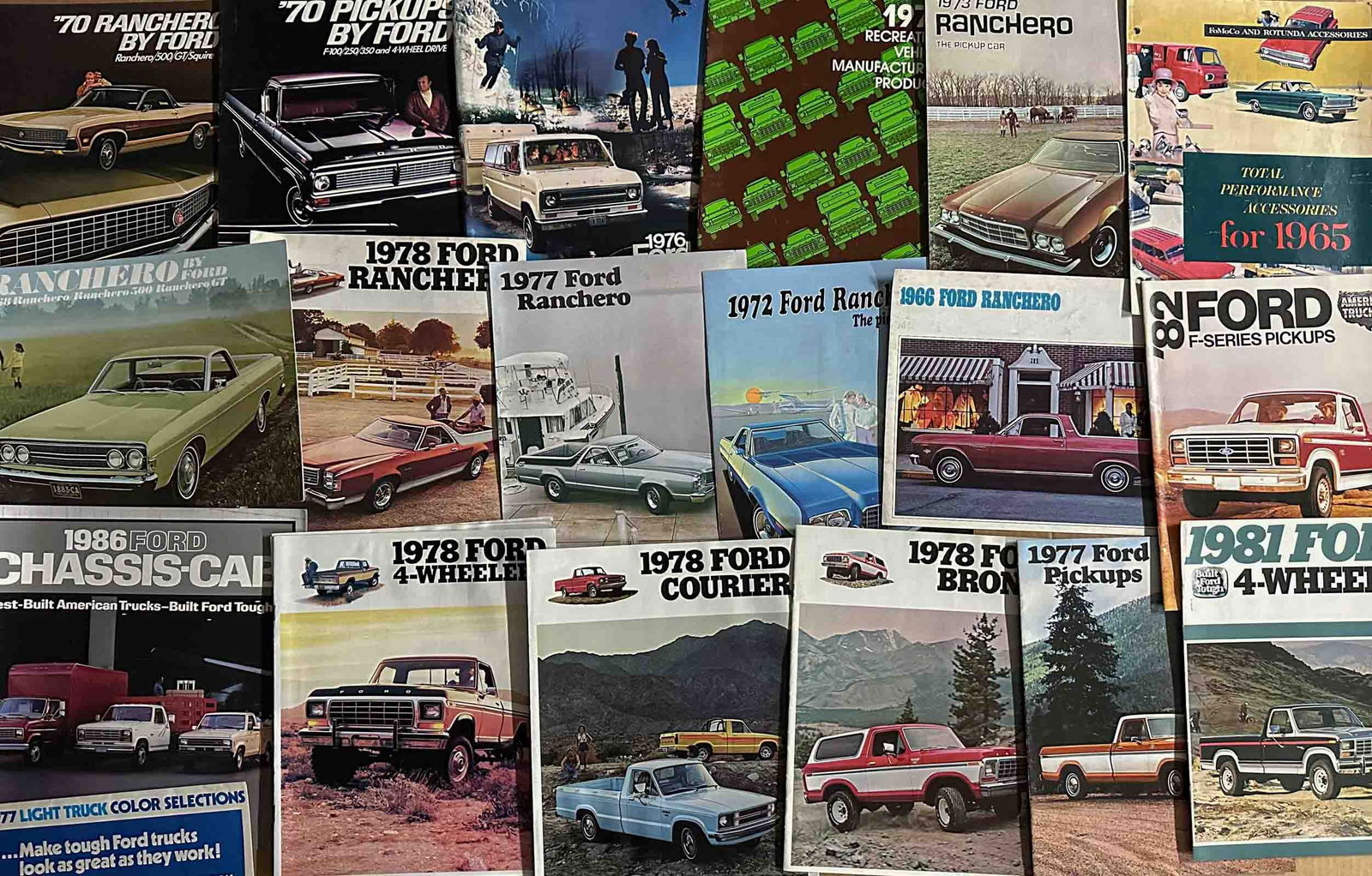 Ford Brochures: Ford truck brochures from the 1970's and 1980's, approx 200 total, (sample shown), pickup, Ranchero, Bronco, etc.