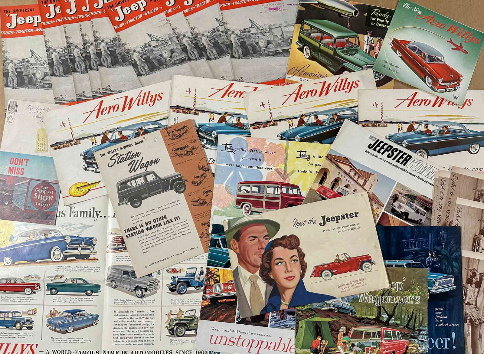 Jeep Brochures: 1940's - 1980's Jeep brochures, 50 large, 65 small, 10 Aero passenger. 125 total.