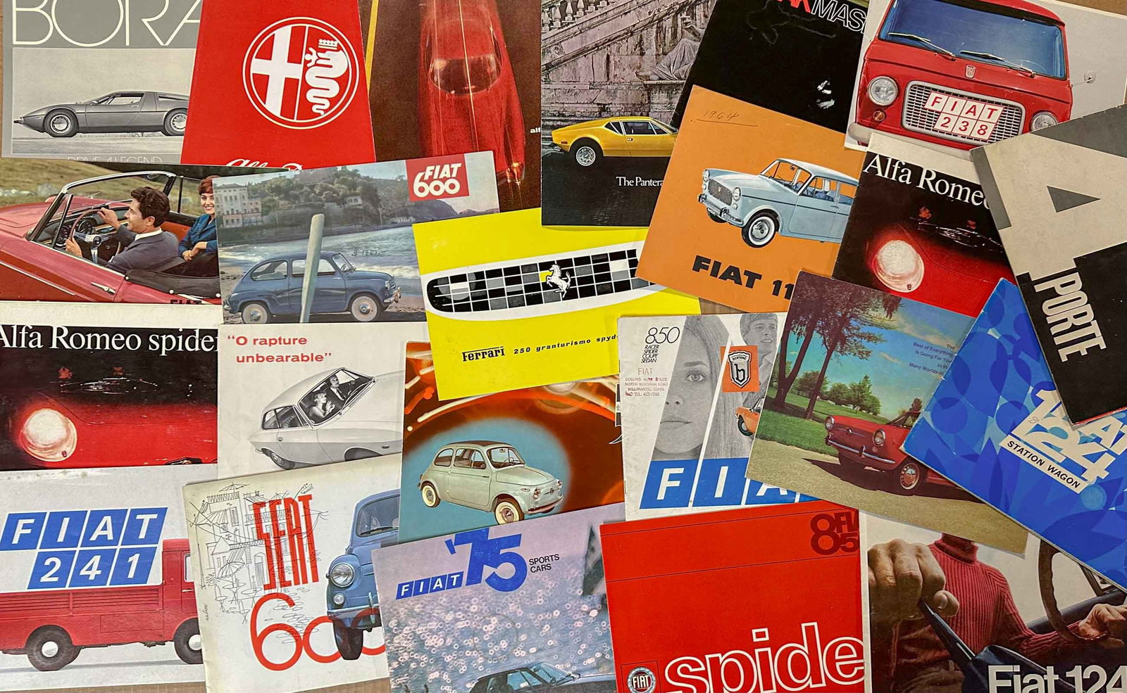 Italian Car Brochures: Italian car brochures from the 1950's - 1980's, Fiat, Alfa, Maserati, Pantera, etc, 75 (+) items.