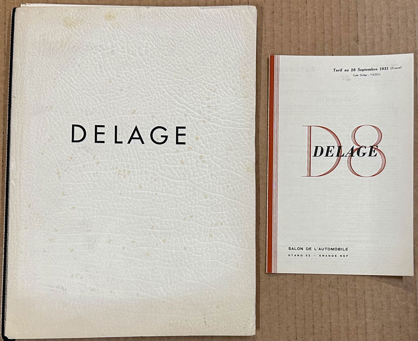 Delage Catalog: 1931 Delage D 8 string bound catalog/portfolio with 16 pgs, six 12 x 9 plates, and price sheet.