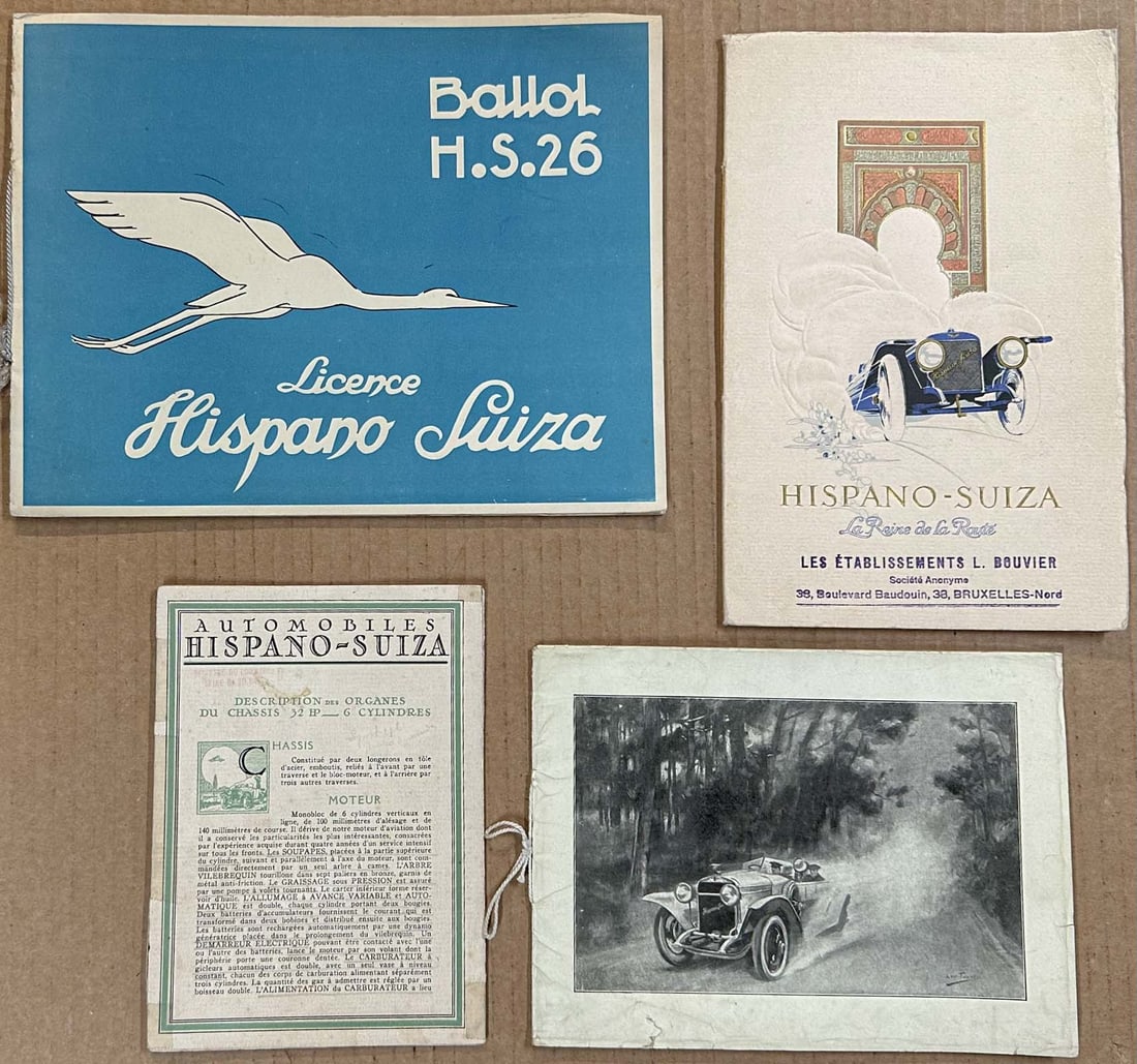 Hispano Suiza Brochures: Hispano Suiza brochures - 1914 string bound, 24 pgs, 1919 catalog, 20 pgs, teens small portfolio with six plates, 1930's Ballot H.S. 26 string bound with three plates and spec sheet.