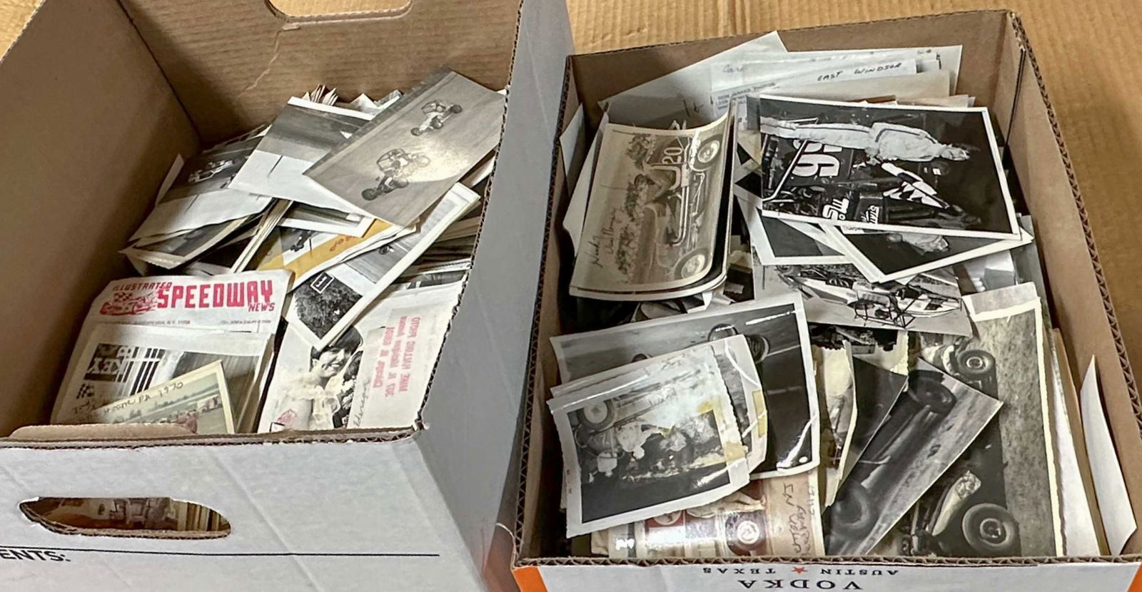Two Boxes Of Race Related Photos From 1940'S: Two boxes of race related photos from 1940's - 1990's, size 5 x 7 and smaller. Marty Himes Racing Museum Collection, Bay Shore New York.