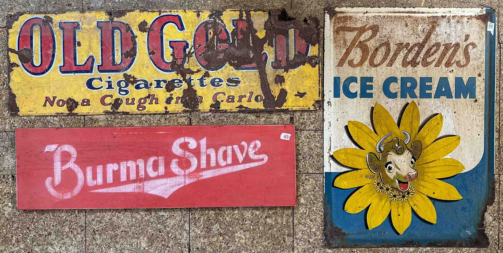 Sign Lot: Three advertising signs, Borden, 20 x 28, Burma on wood, 32 x 9, Old Gold 35 x 12. Meltz Collection, Columbia County New York.