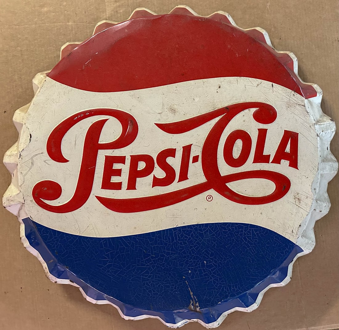 Pepsi Sign: Pepsi Cola die formed bottle cap sign, 28 inch dia. Meltz Collection, Columbia County New York.