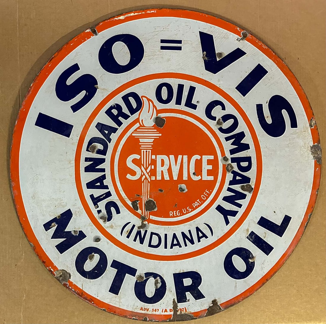 Standard Motor: Standard Oil - ISO = VIS Motor Oil sign, porcelain, 30 inch dia. Meltz Collection, Columbia County New York.