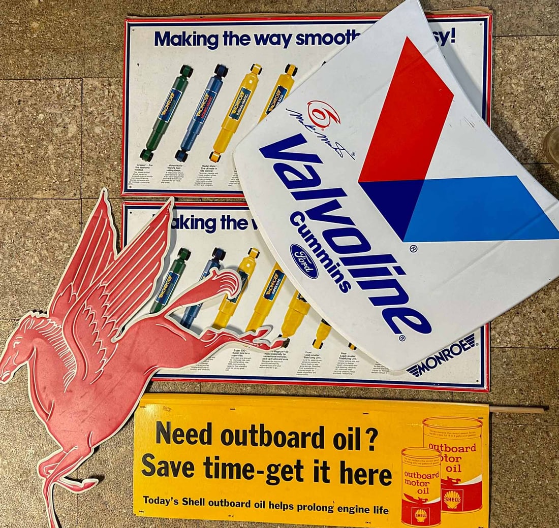 Five Signs: Five signs - two Monroe Shock, 36 x 18, Shell Outboard Oil, 33 x 12, two new repros. Meltz Collection, Columbia County New York.