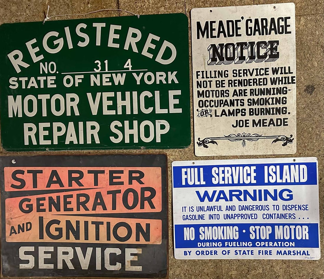 Four Garage Repair: Four garage repair signs, 36 x 24 to 26 x 18 in size. Meltz Collection, Columbia County New York.