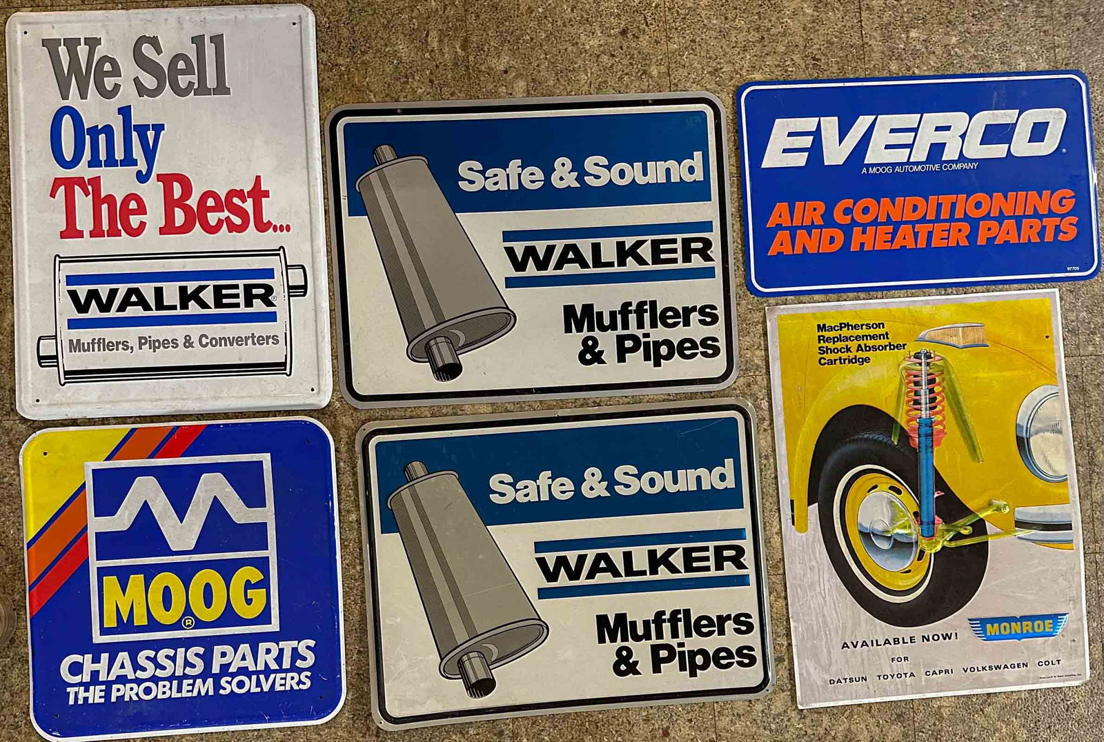 Six Brochures: Six auto related parts signs, size approx 24 x 18. Meltz Collection, Columbia County New York.