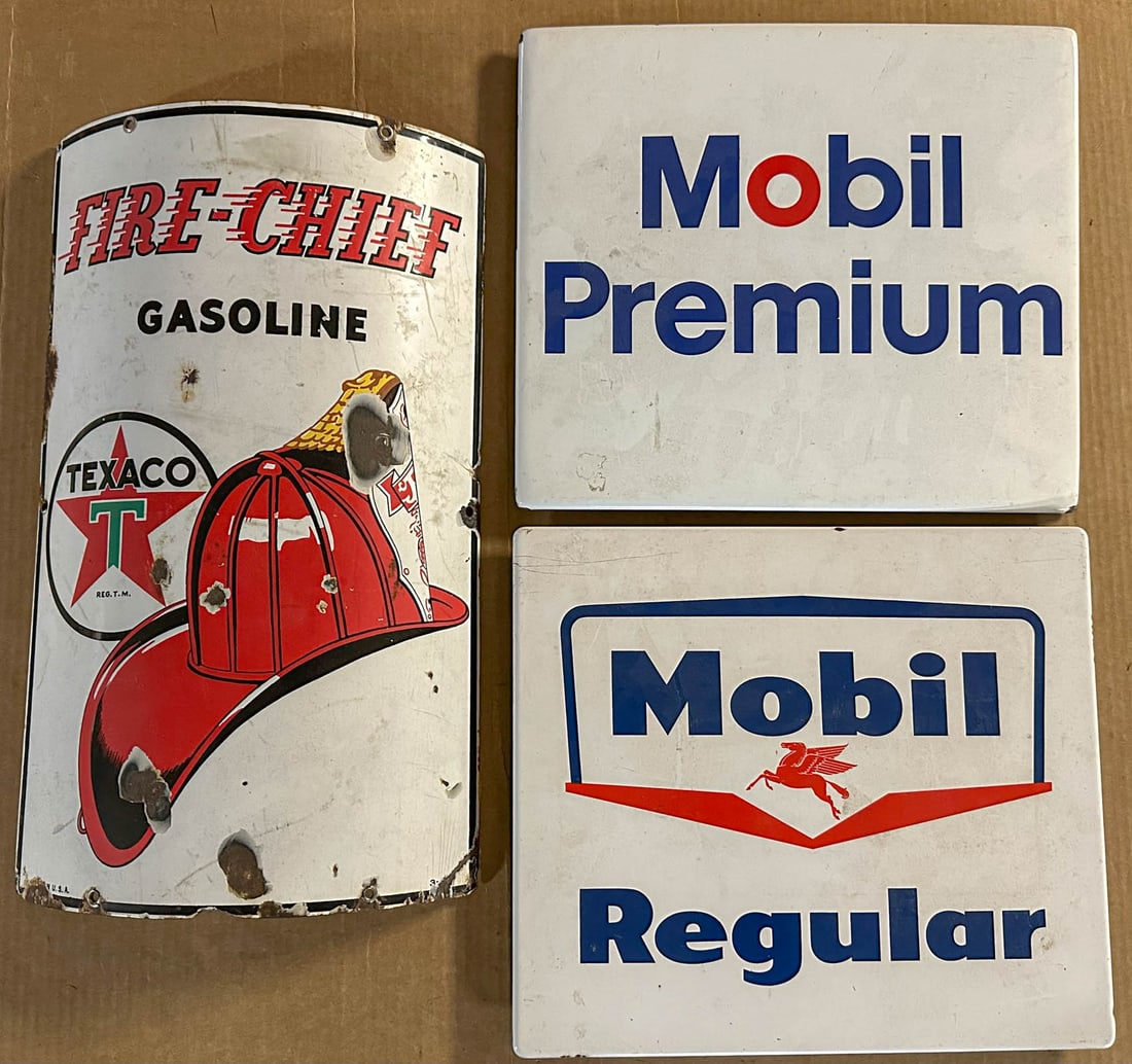 Three Gas Pump: Three gas pump signs, Texaco, 18 x 11, two Mobil, 14 x 12. Meltz Collection, Columbia County New York.