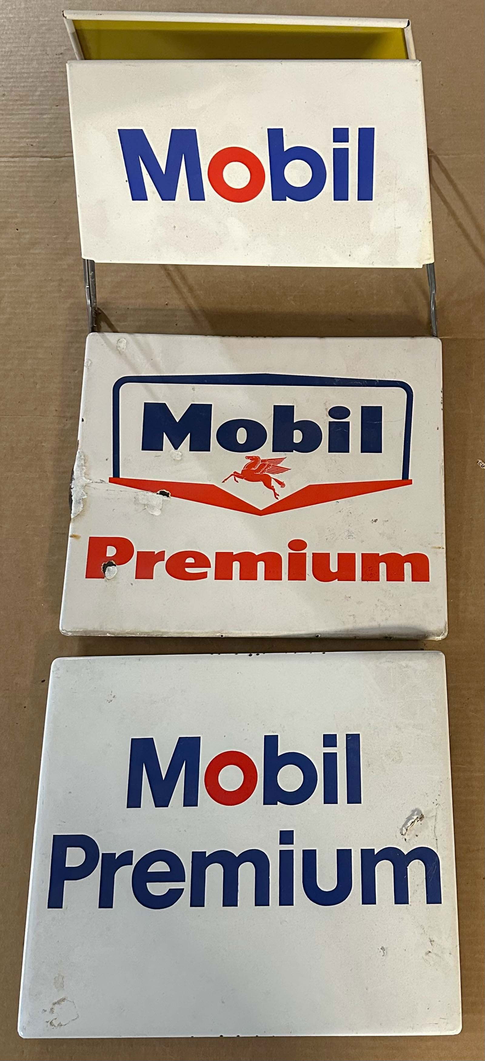 Three Mobil Signs: Three Mobil signs - two gas pump,14 x 12, tire stand, 13 wide x 11 high. Meltz Collection, Columbia County New York.