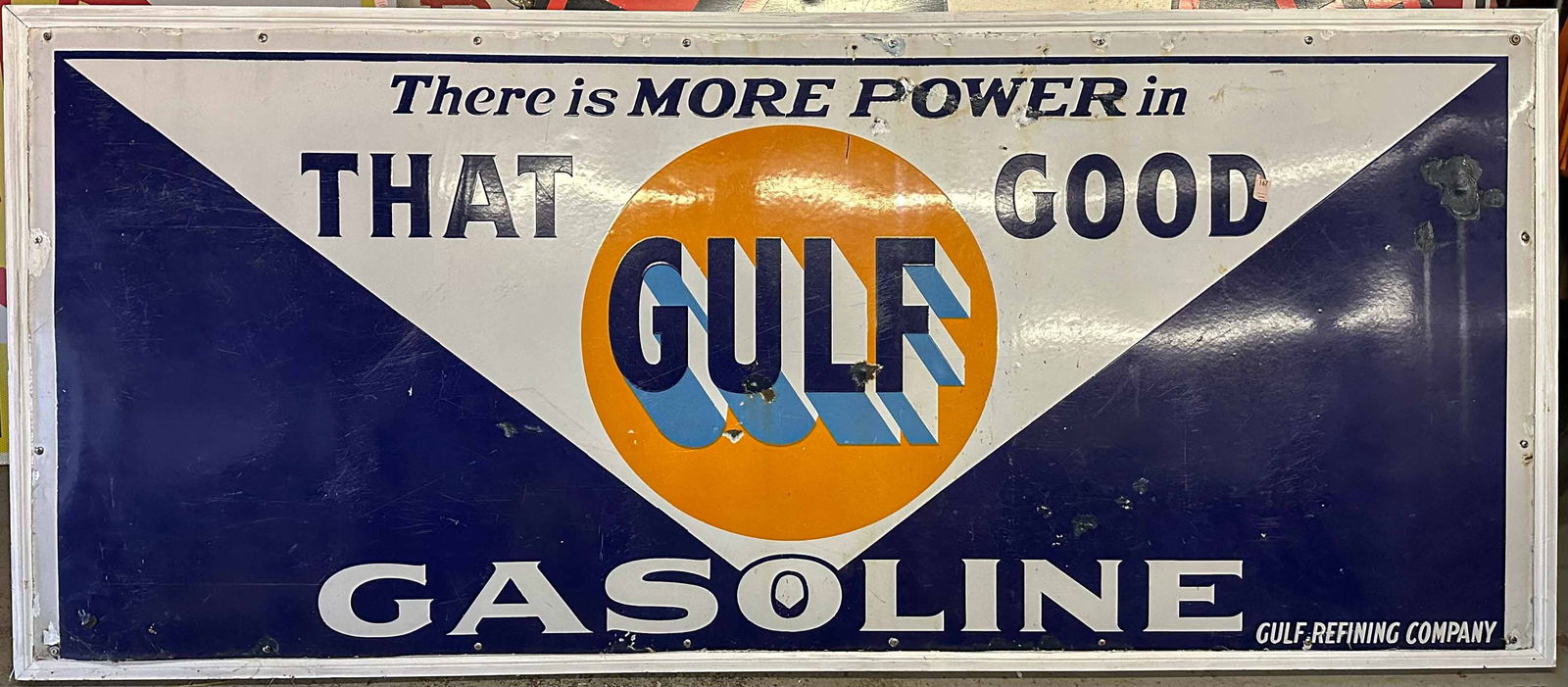 Large Gulf Sign: Large heavy wood framed Gulf Gasoline sign, porcelain, single sided, 74 x 32. Meltz Collection, Columbia County New York.