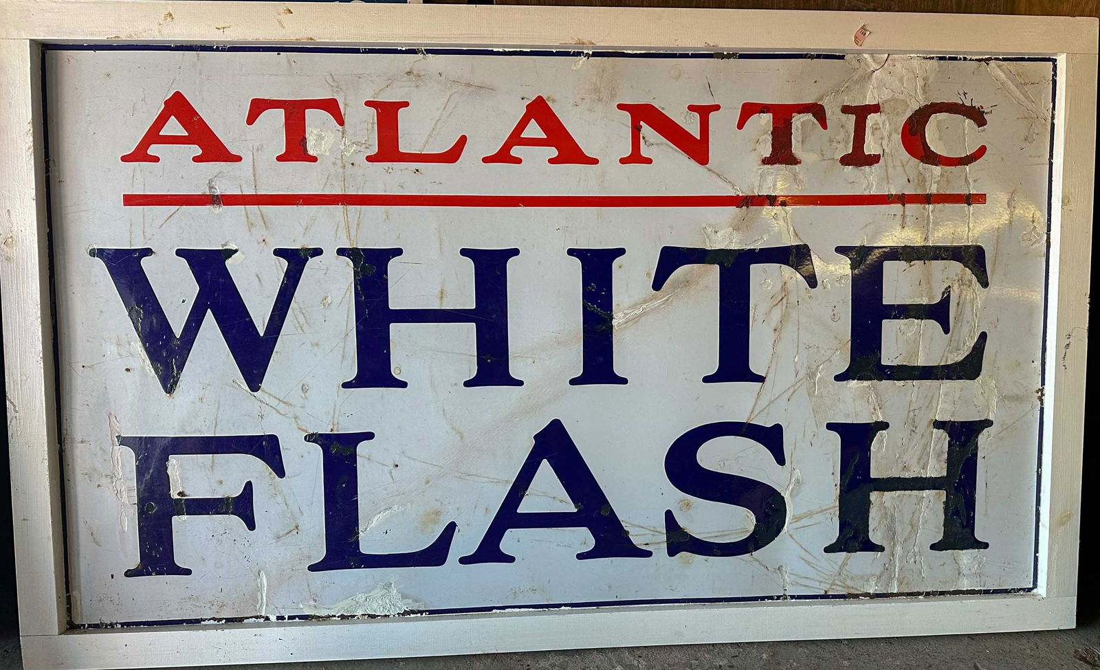 Large Atlantic Sign: Large heavy wood framed Atlantic White Flash gasoline porcelain sign, 74 x 44. Meltz Collection, Columbia County New York.