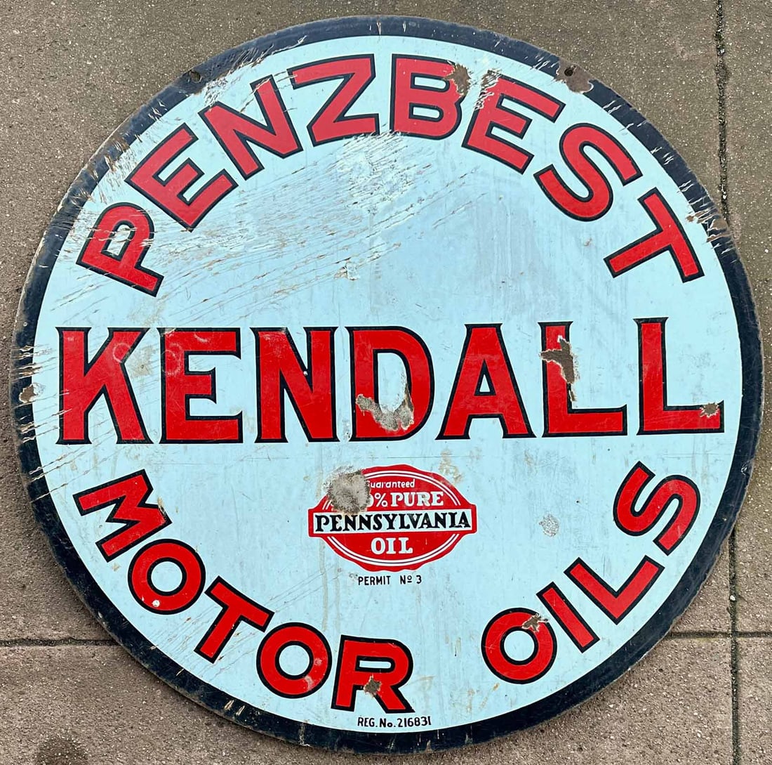 Kendall Brochures: Kendall Motor Oils porcelain sign, double sided, 36 inch dia. Meltz Collection, Columbia County New York.