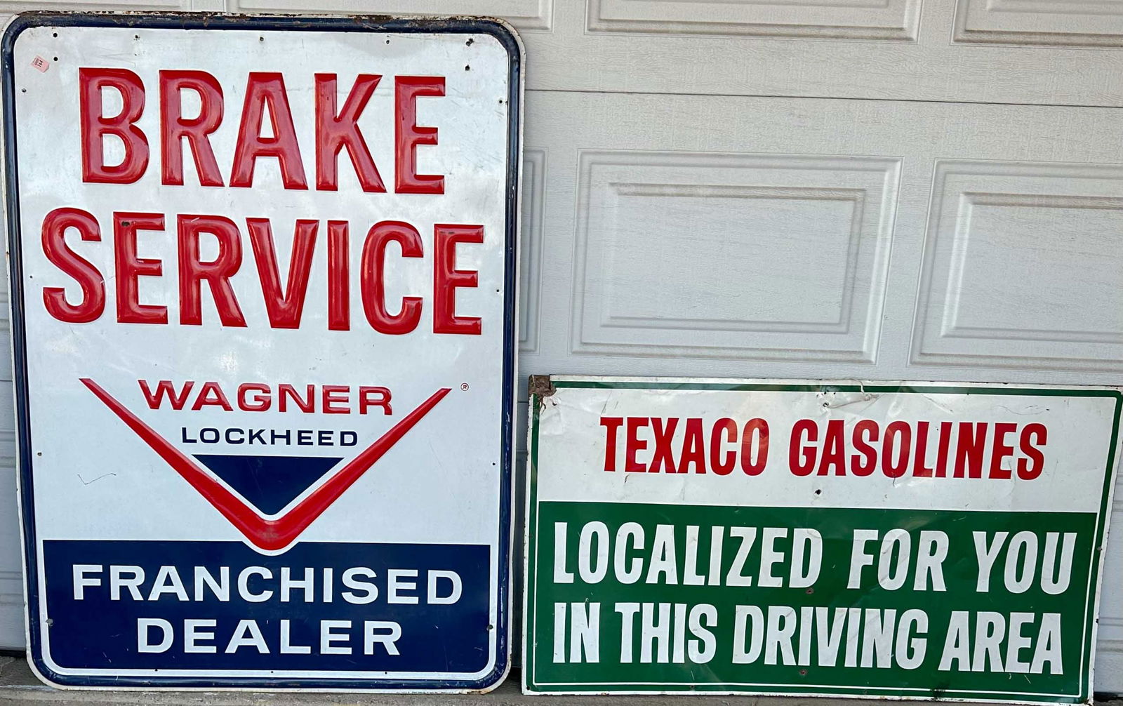 Two Painted Tin Signs: Two painted tin signs - Texaco Gasoline, 42 x 24 and Wagner Brake Service, 42 x 24. Meltz Collection, Columbia County New York.