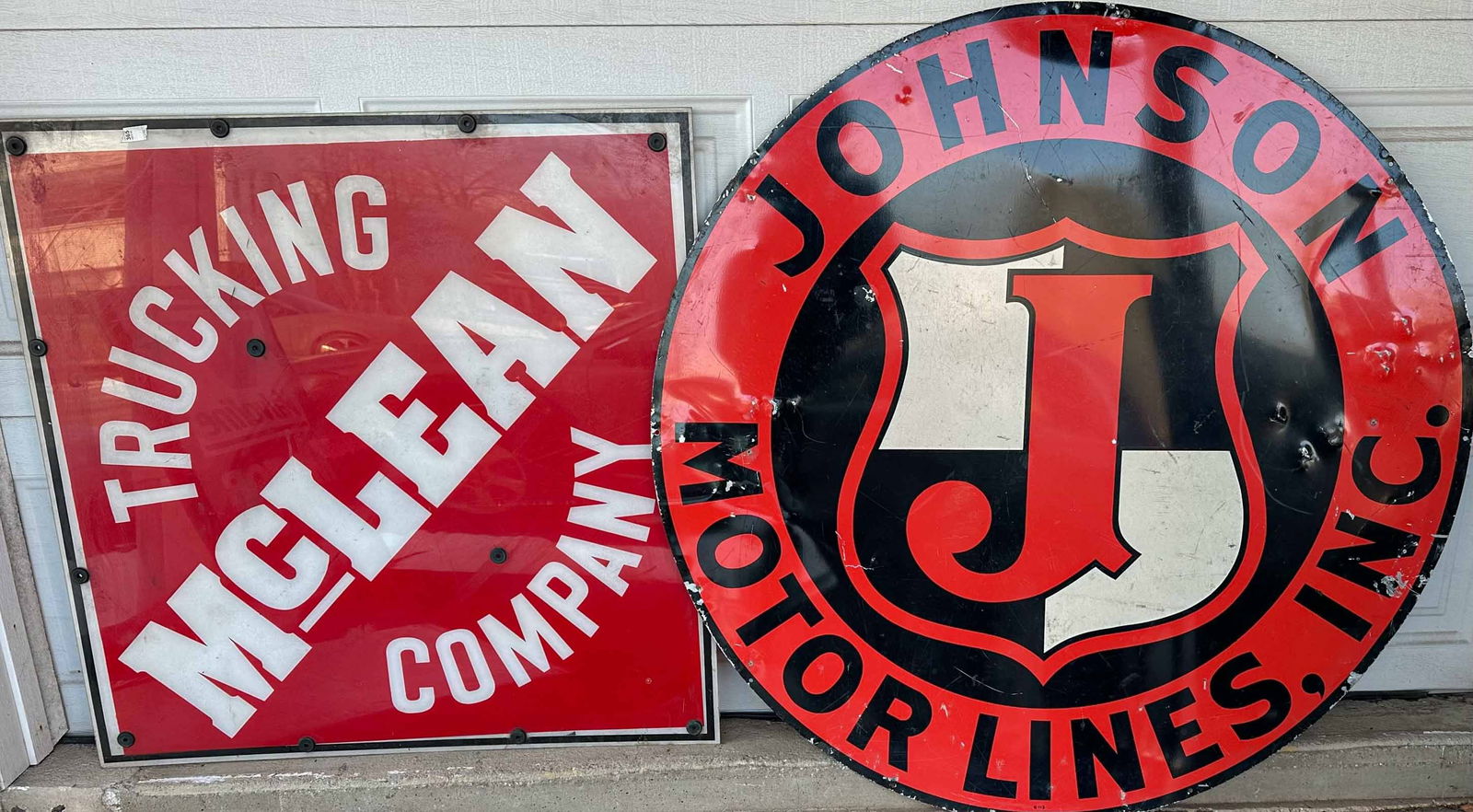 Trucking Company Signs: Two trucking company signs - Johnson Motor Lines, painted tin, 48 dia, McLean plastic, 38 square. Meltz Collection, Columbia County New York.