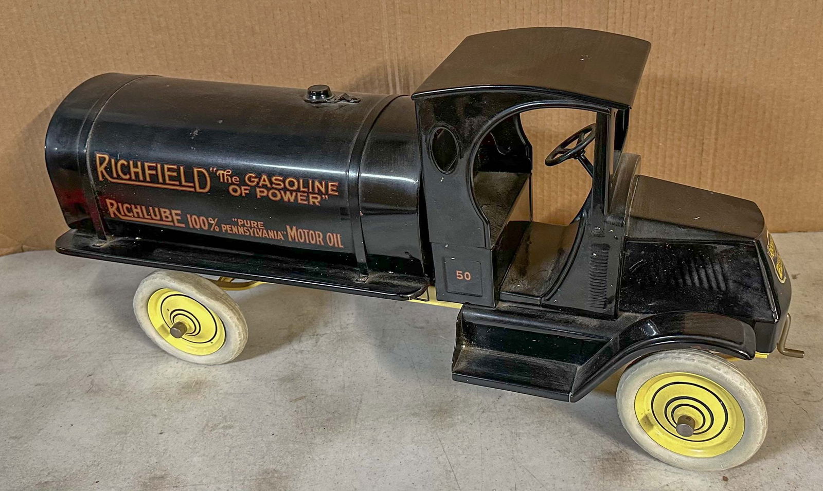 Richfield Oil Truck: Ca 1927 American National Richfield Oil truck, bulldog Mack style hood, 27 inches long, repainted. Meltz Collection, Columbia County New York.