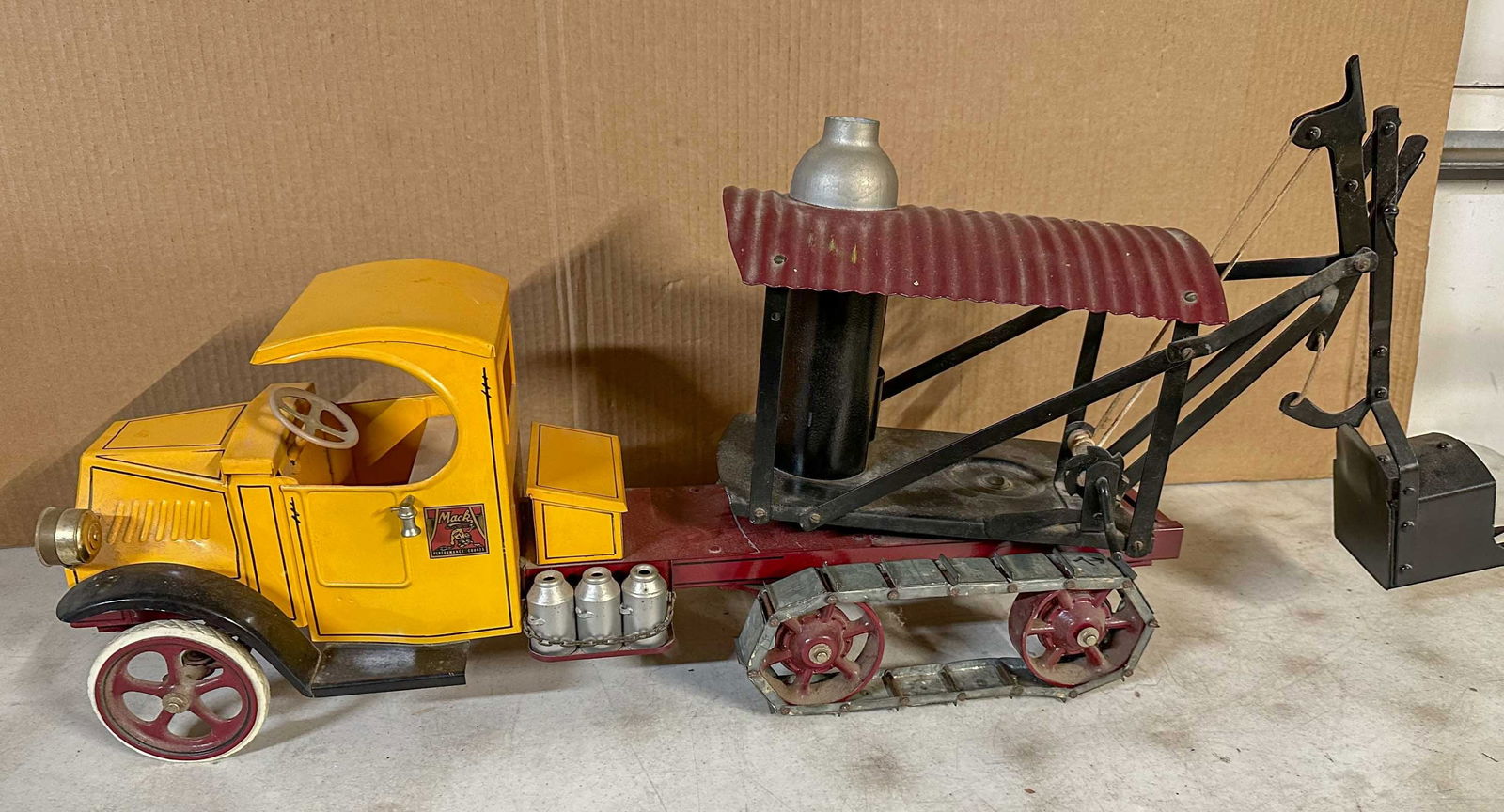 Steelcraft Truck: Steelcraft - Kelmet marriage ?, ca 1920's, crane truck, crawler treads, repainted, 31 long. Meltz Collection, Columbia County New York.