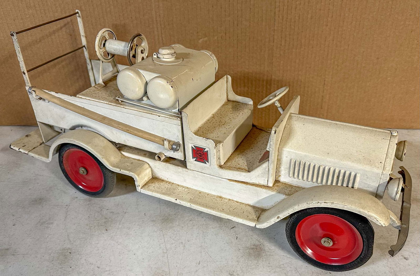 Sturitoy Pumper: Ca 1926 Sturditoy Pumper and Chemical truck, appears to be repainted, extra decals included, 27 long. Meltz Collection, Columbia County New York.