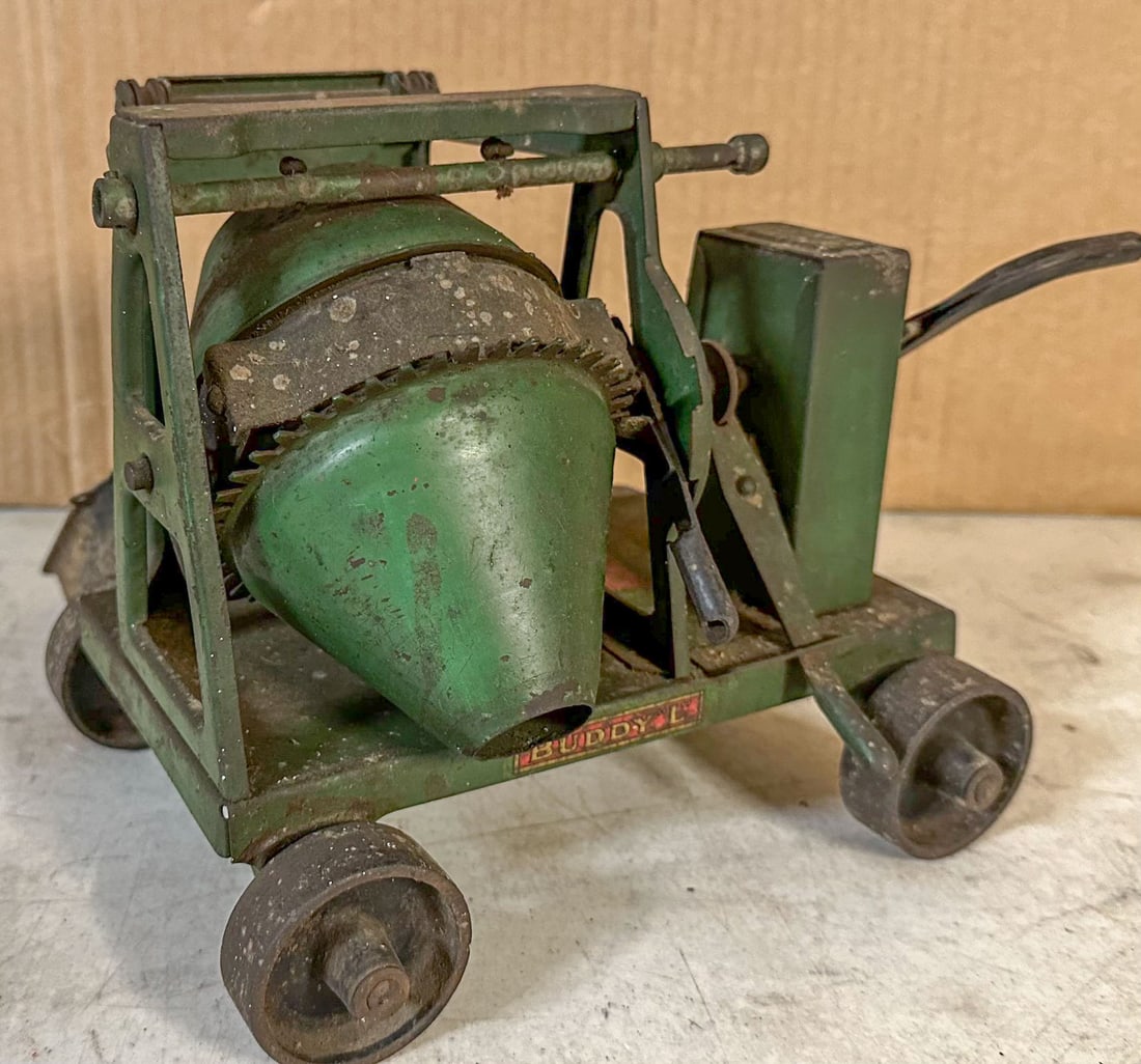 Buddy L Cement Truck: Ca 1927 Buddy L cement mixer, smaller version, green, original paint and decals, 10 wide, x 7.5 high. Meltz Collection, Columbia County New York.