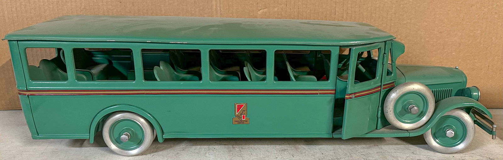 Buddy L Coach Bus: Ca 1927 Buddy L coach bus, appears to be repainted, 28 long. Meltz Collection, Columbia County New York.