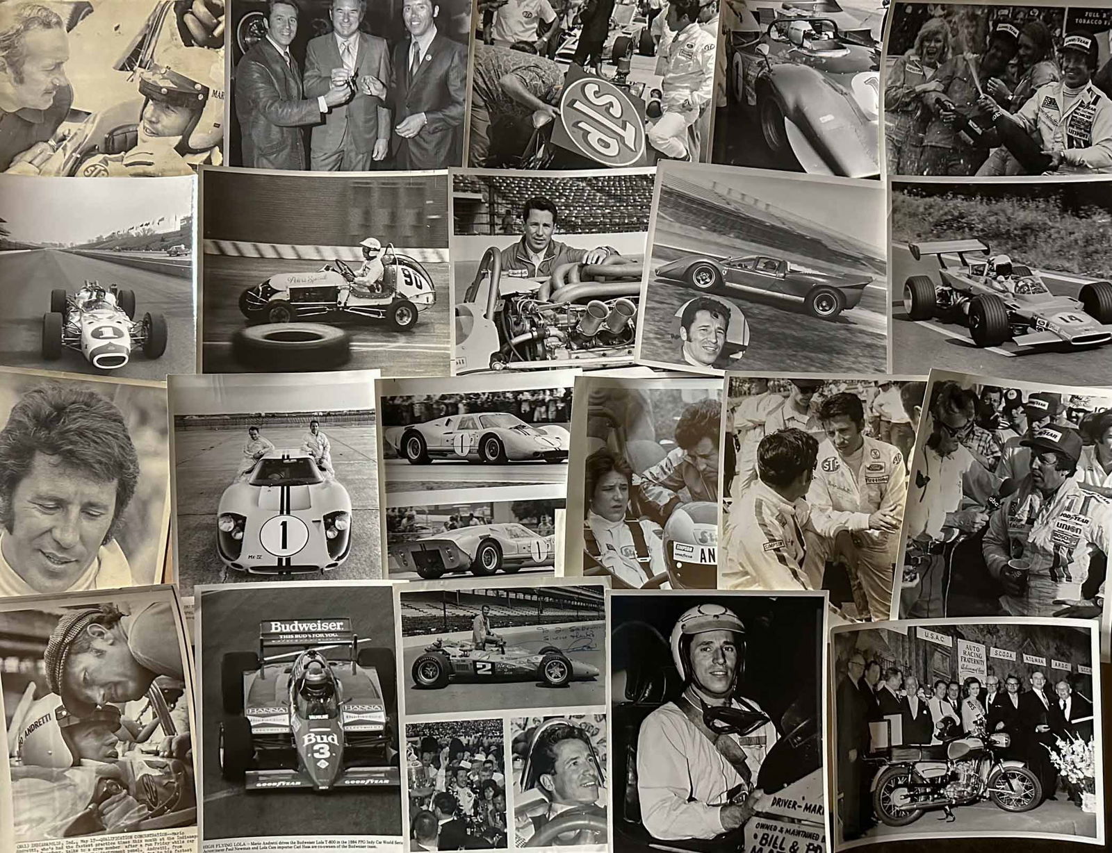 Mario Andretti Photos: Mario Andretti and A J Foyt photos, approx 100 (+), 8 x 10, 5 x 7, other sizes. Marty Himes Racing Museum Collection Bay Shore New York.