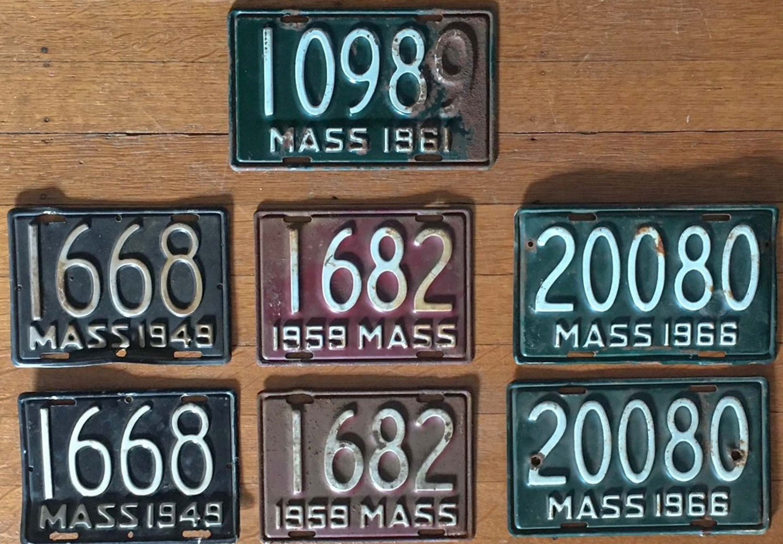 Mass Motorcycle License Plates: Mass motorcycle license plates - 1949, 1950, 1966 pairs, 1961 single.