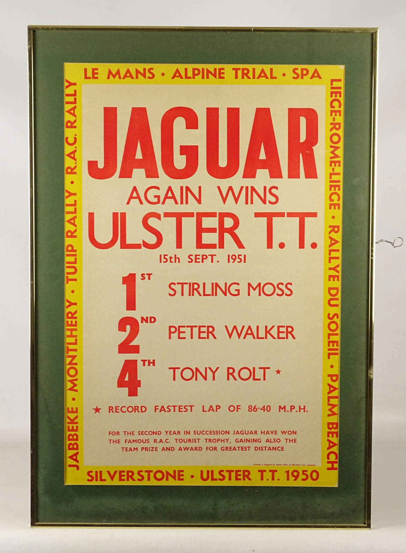 Jaguar Auto Racing Poster: Jaguar Autoracing poster, "Ulster TT 15th Sept. 1951". Frame 35 1/2" x 24 1/4".