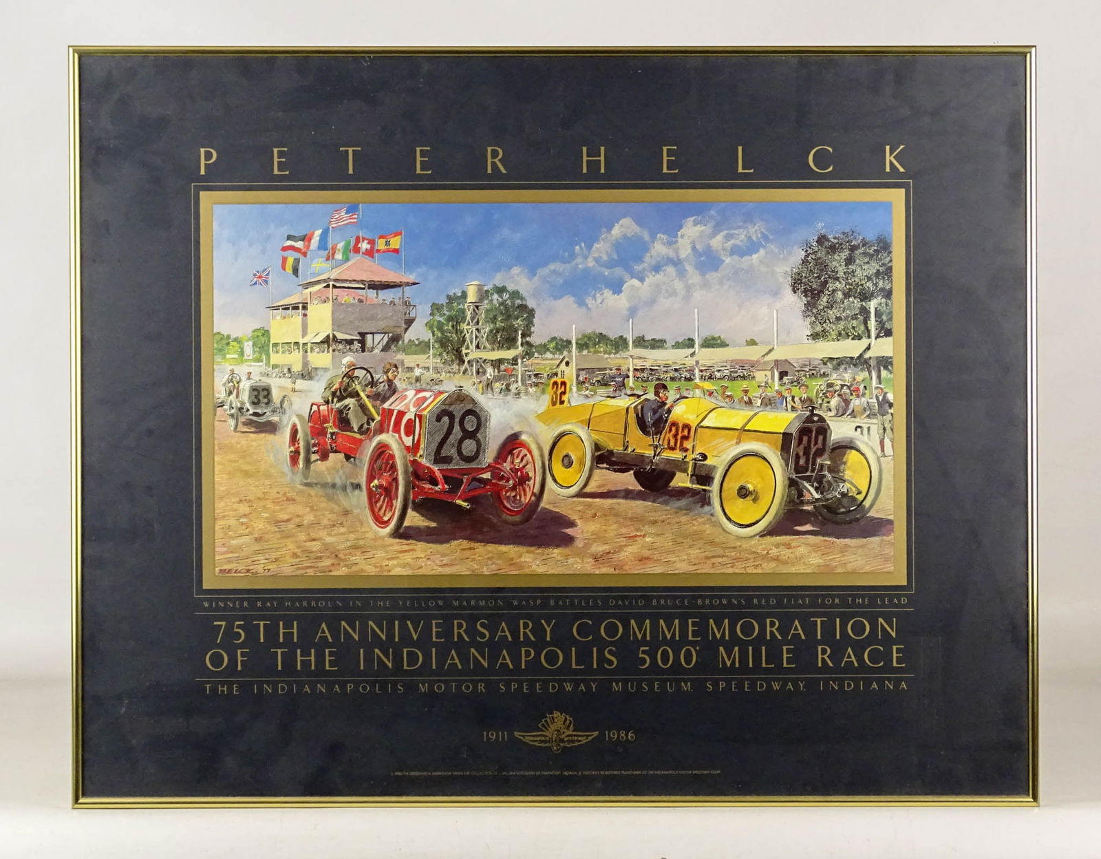 Peter Helck Poster: Peter Helck poster "75th Anniversary Indy 500 1911-1986". Frame 22 1/4" x 28 1/4".
