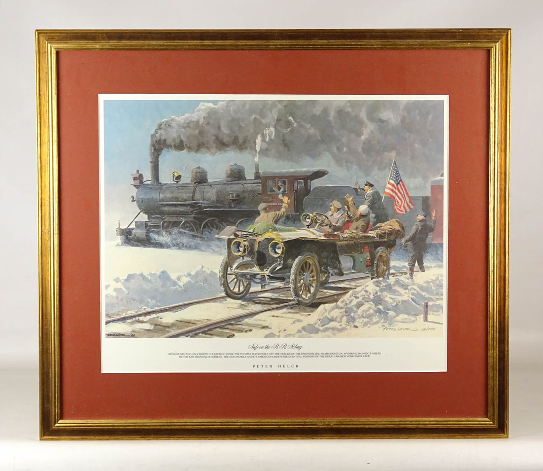 Peter Helck Print: Peter Helck print "Safe On the R.R. Sliding", hand signed and numbered 131/500. Frame 27 1/4" x 31 1/4".