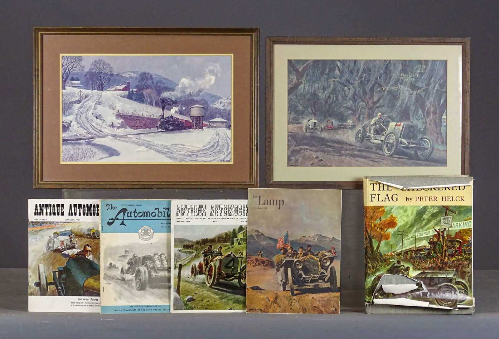 Peter Helck Lot: Peter Helck lot, including: (2) prints (largest 15 3/4" x 22"), "The Checkered Flag" book, and (3) magazines with covers by Helck.