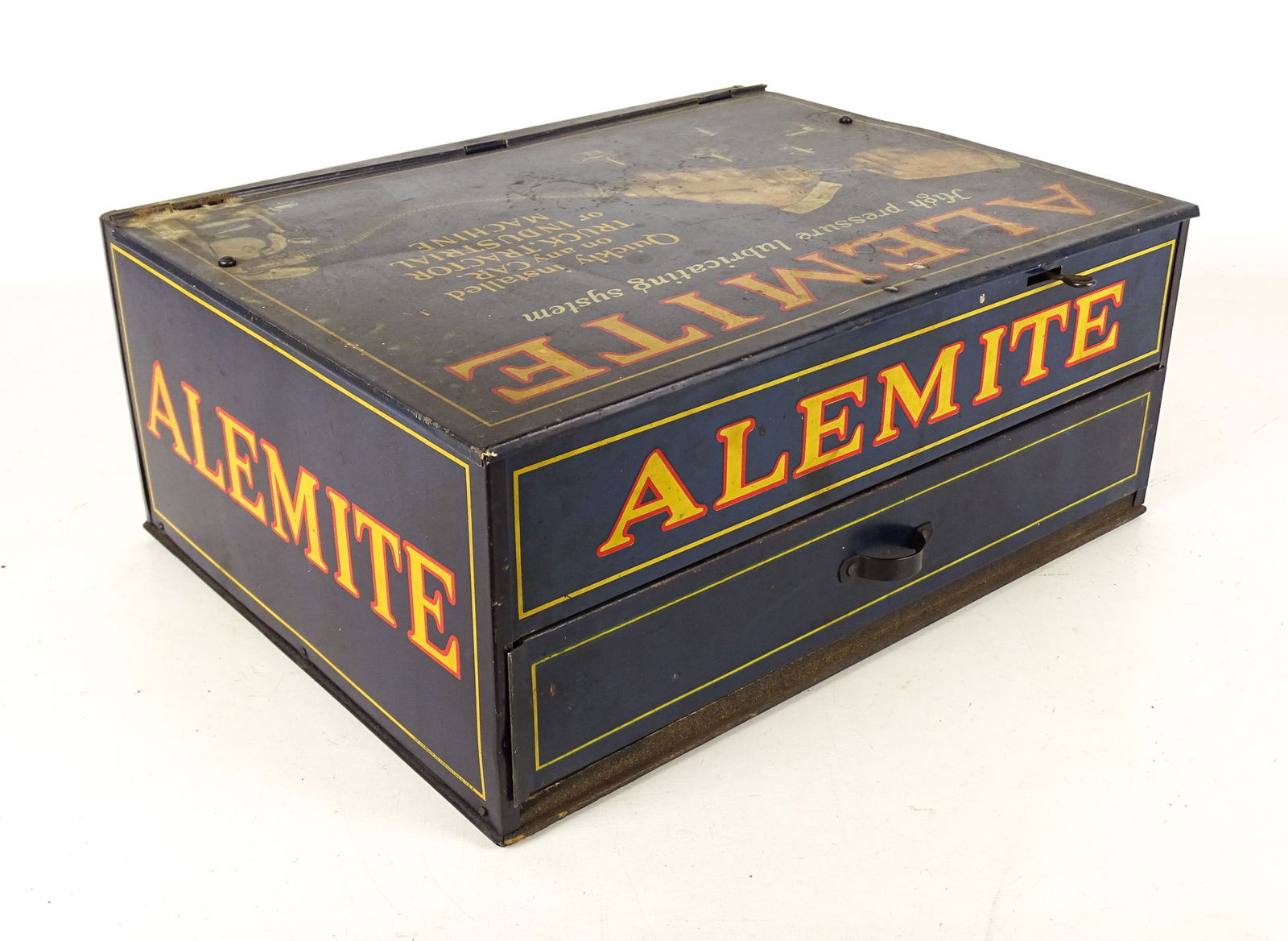 Alemite Parts Cabinet: Metal parts cabinet "ALEMITE". 16" x 12" x 6 1/2". Meltz Collection Columbia County New York. Meltz Collection, Columbia County New York.