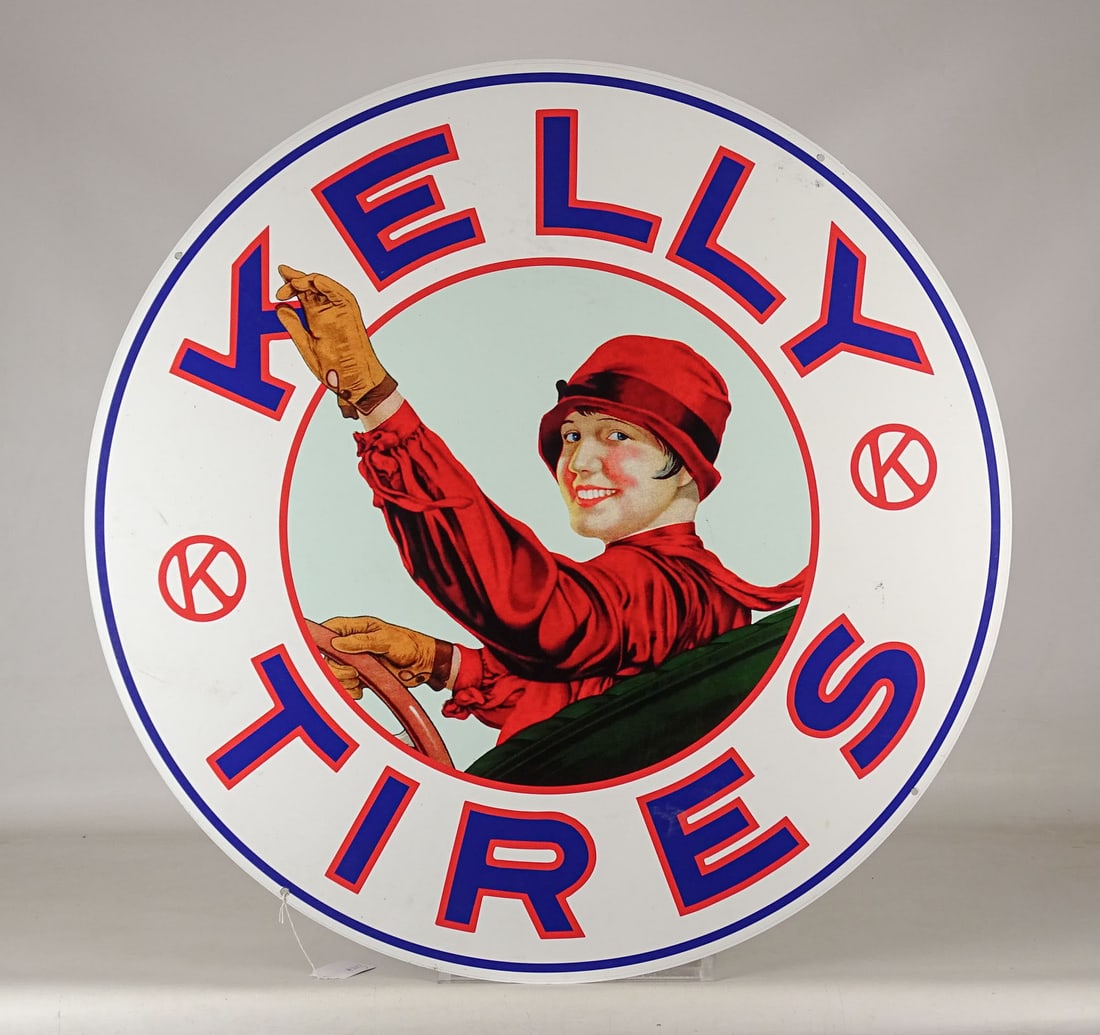 Kelly Tires Sign: Metal "KELLY TIRES" round sign. 36" D. Meltz Collection, Columbia County New York.