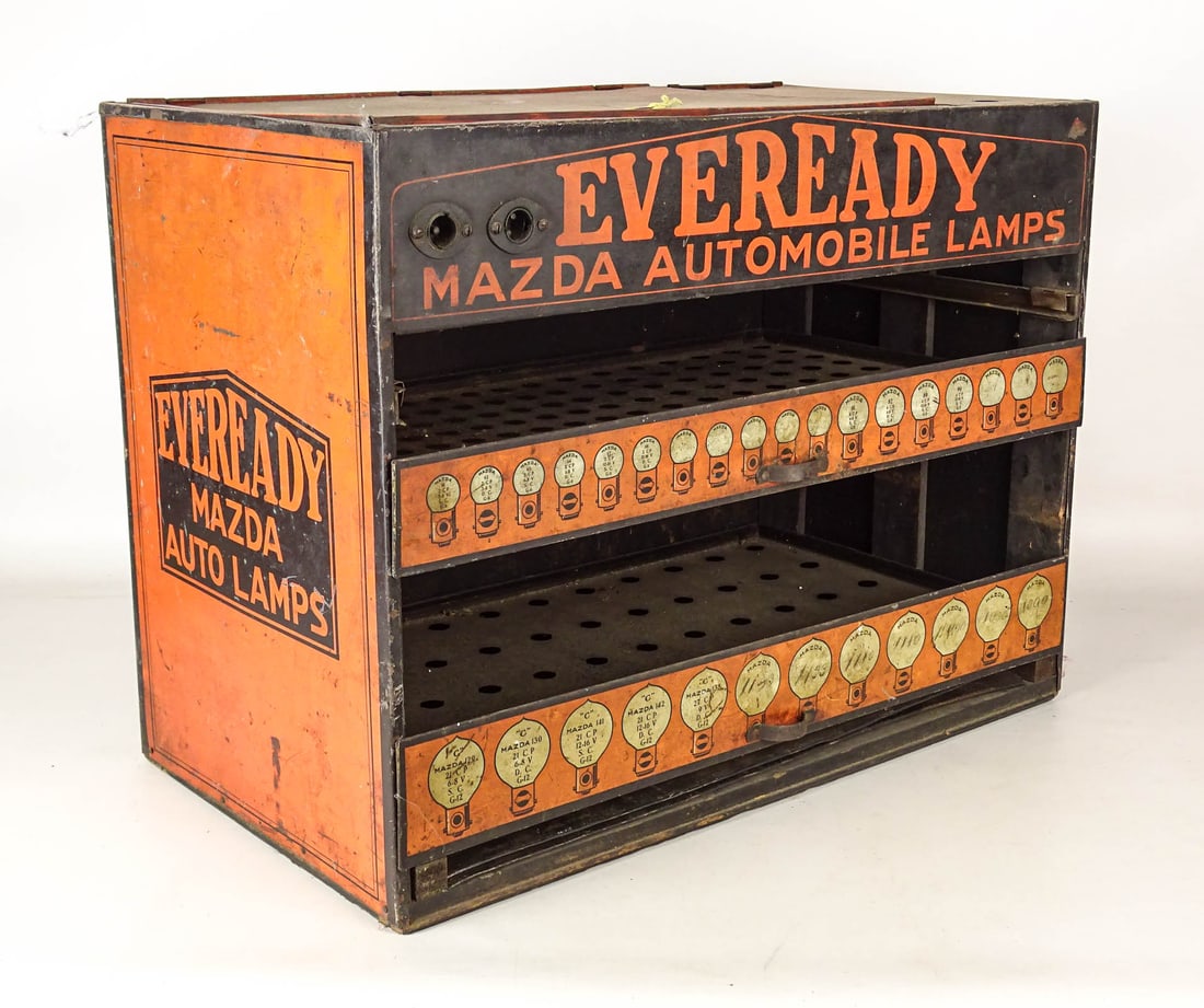 Eveready Lamp Cabinet: Metal "EVEREADY MAZDA AUTO LAMPS" cabinet. 22" x 12" x 17" Ht. Meltz Collection, Columbia County New York.