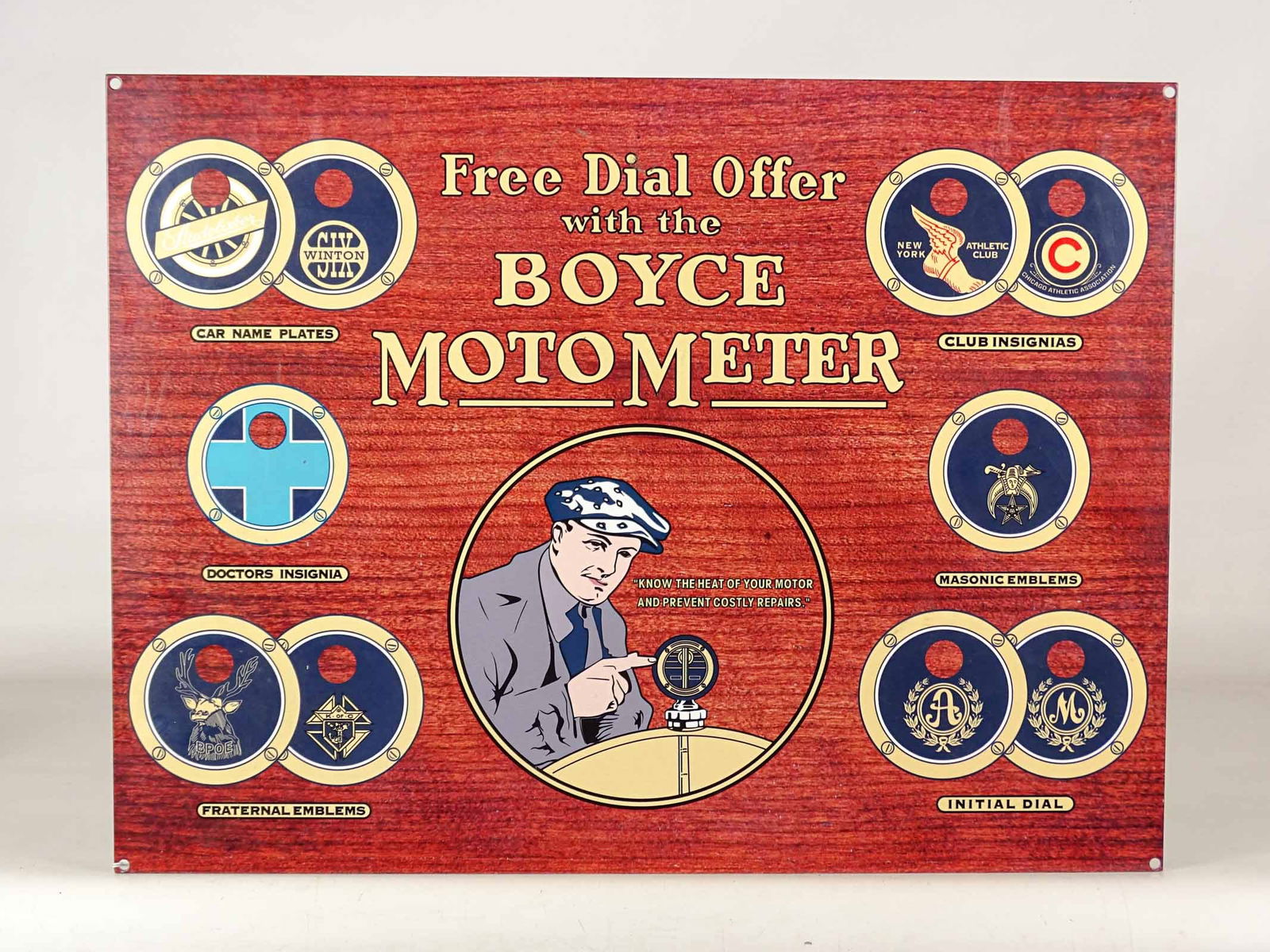 Boyce Motometer Sign: Metal "BOYCE MOTOMETER" sign. 18" x 24". Meltz Collection, Columbia County New York.