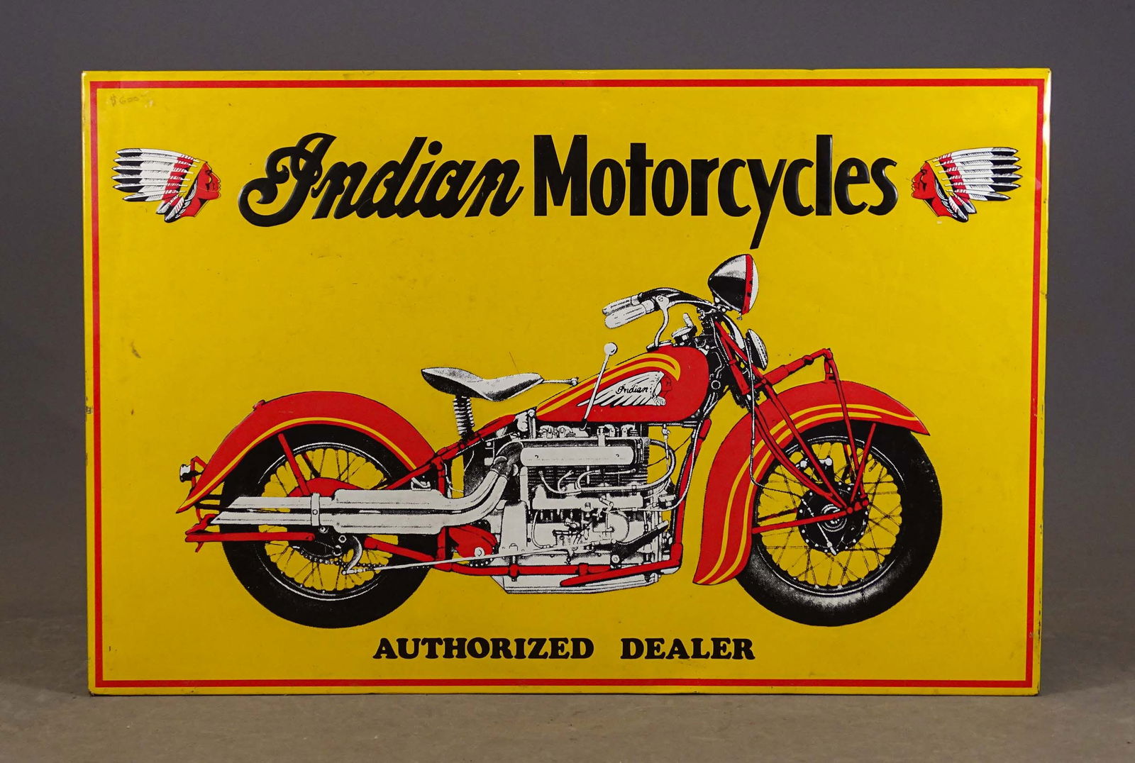 Indian Motorcycle Sign: Metal Indian Motorcycle large sign. 38 1/2" x 59. Meltz Collection, Columbia County New York.