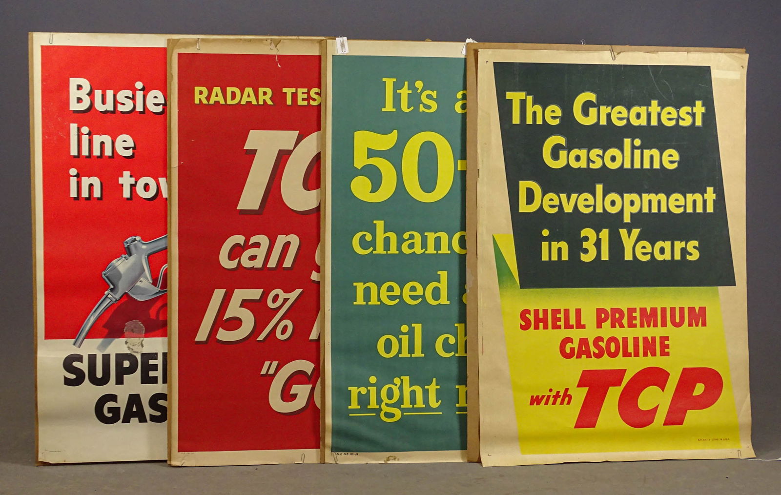 Gas Station Poster Lot: Lot of (4) gas station posters. 48" x 32 1/2". Meltz Collection, Columbia County New York.