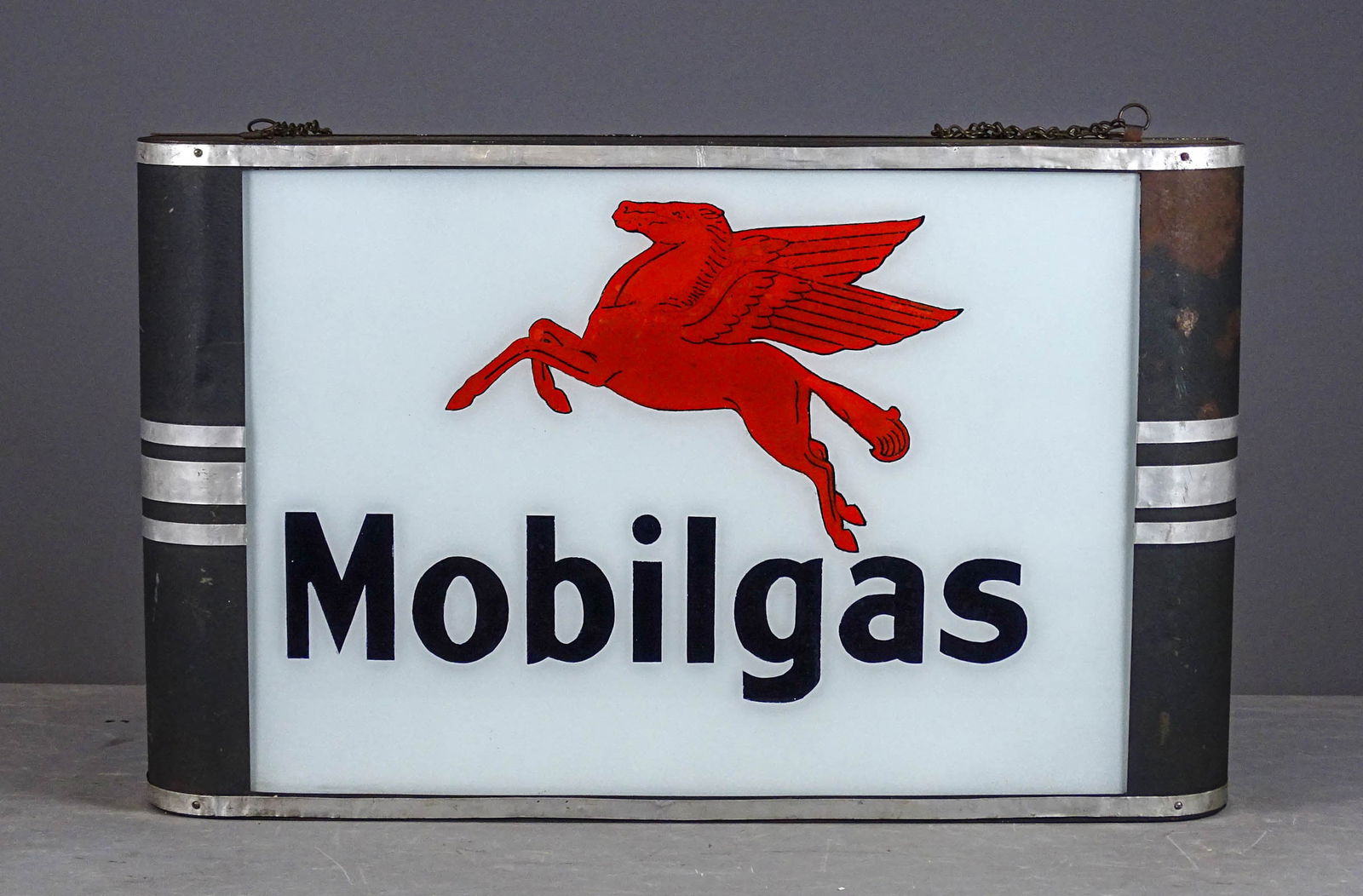 Mobilgas Sign: Mobilgas light up sign. 27" x 4 1/2" x 16 1/2" Ht..