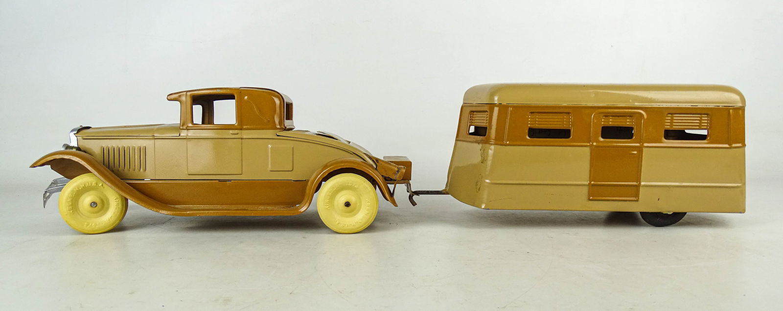 Kingsbury Toy Car and Tailer: Kingsbury toy car and trailer. 23" L. Meltz Collection, Columbia County New York.