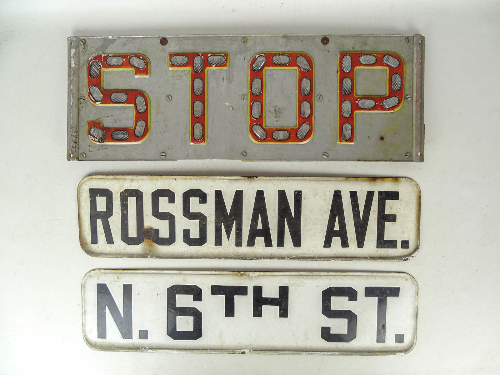 Stop Sign: Vintage Stop sign. 9" x 24", along with (2) Hudson New York signs (7" x 25"). Meltz Collection, Columbia County New York.