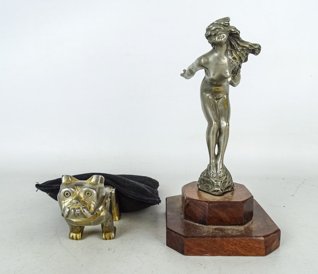 Auto Mascot Lot: Lot: Mack Bulldog, and C. 1920s-1930s Speed Nymph mascot on base (Signed "J. Descomps", 9 1/4").