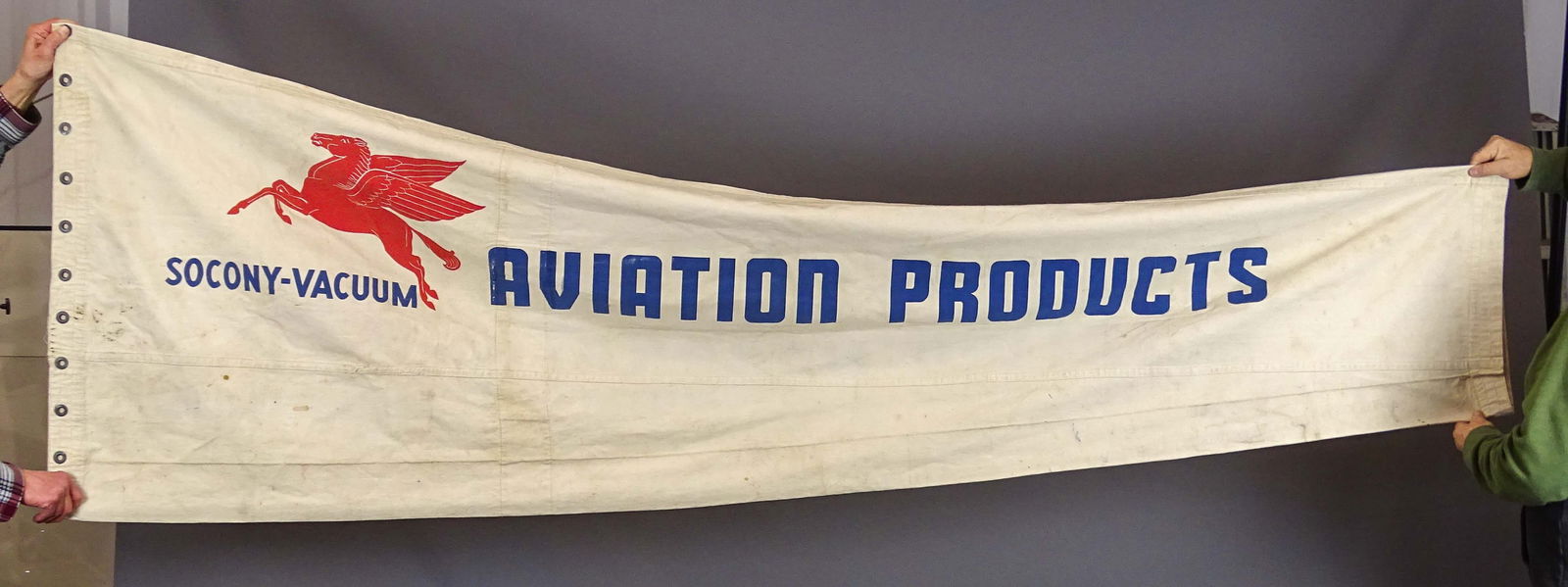 Mobil Pegasus Banner: Mobil Pegasus banner "SOCONY-VACUUM AVIATION PRODUCTS". 22" x 100".