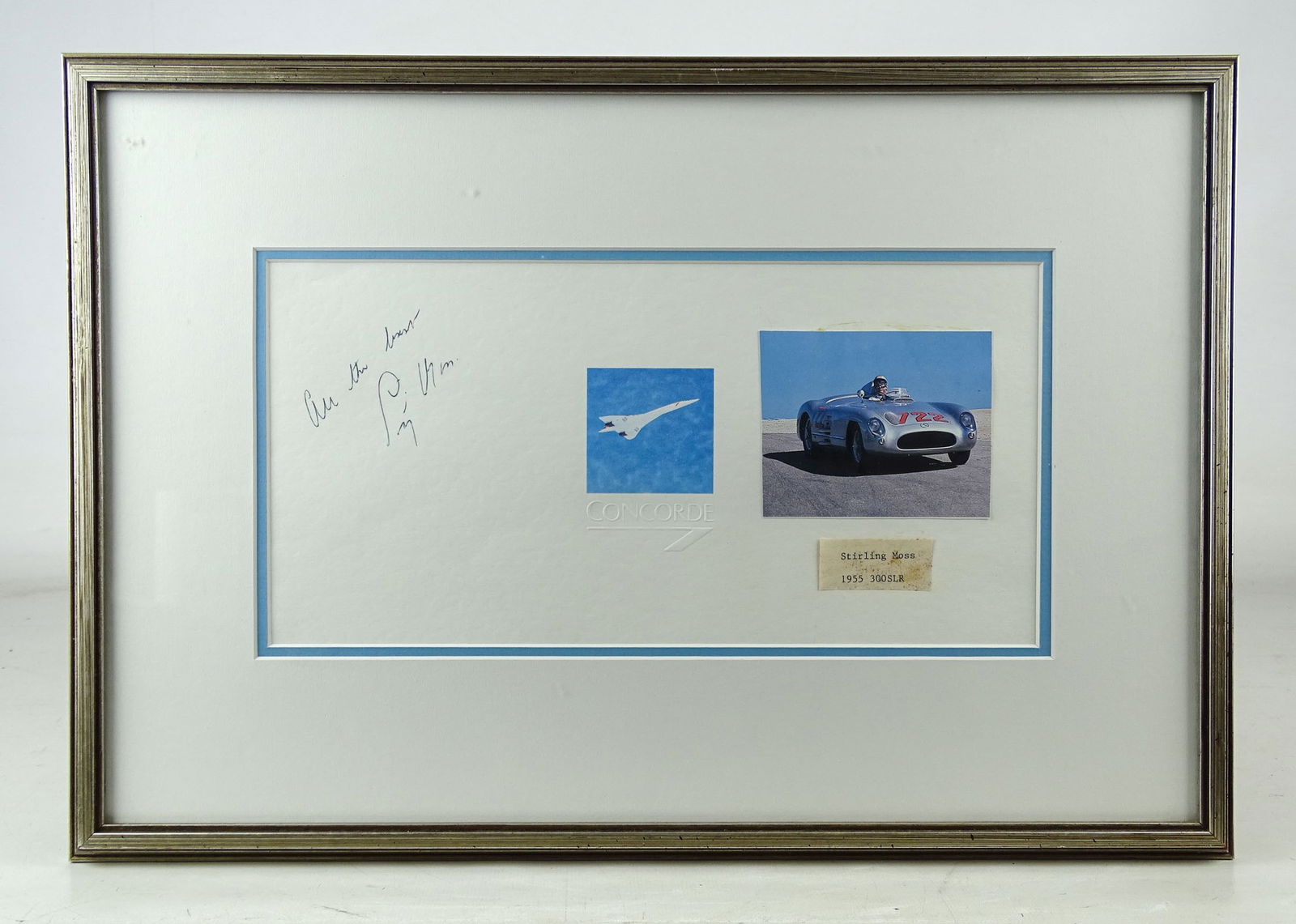 Stirling Moss Autographed Print: Stirling Moss autographed print. Overall 11 1/2" x 17".